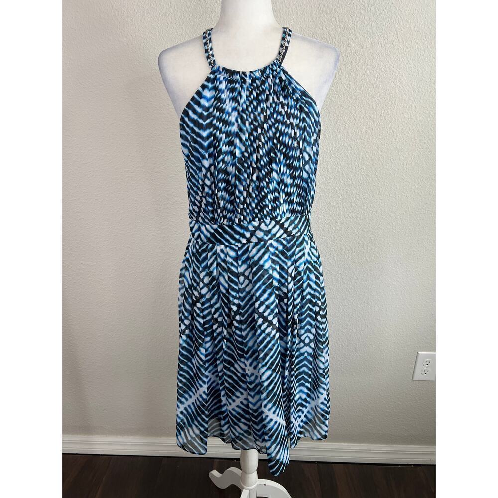 Calvin Klein Pleated Dress Women's 12 Halter Chain Blue Chevron Fit & Flare